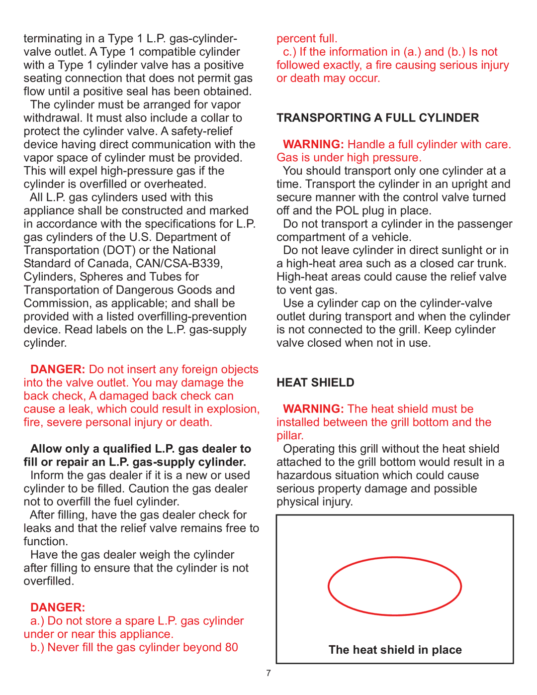 Vermont Casting VC0620P, VC0680P, VC0680N owner manual Transporting a Full Cylinder 