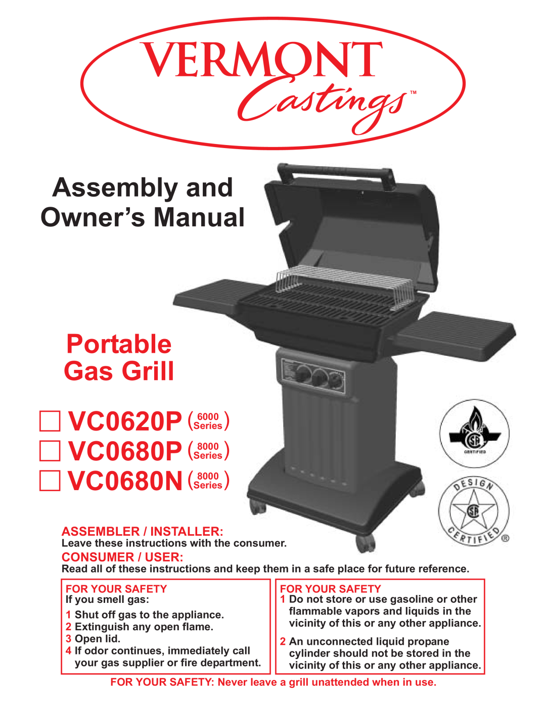 Vermont Casting VC0620P, VC0680P, VC0680N owner manual Portable Gas Grill VC0620P VC0680P, VC0680N Series8000 