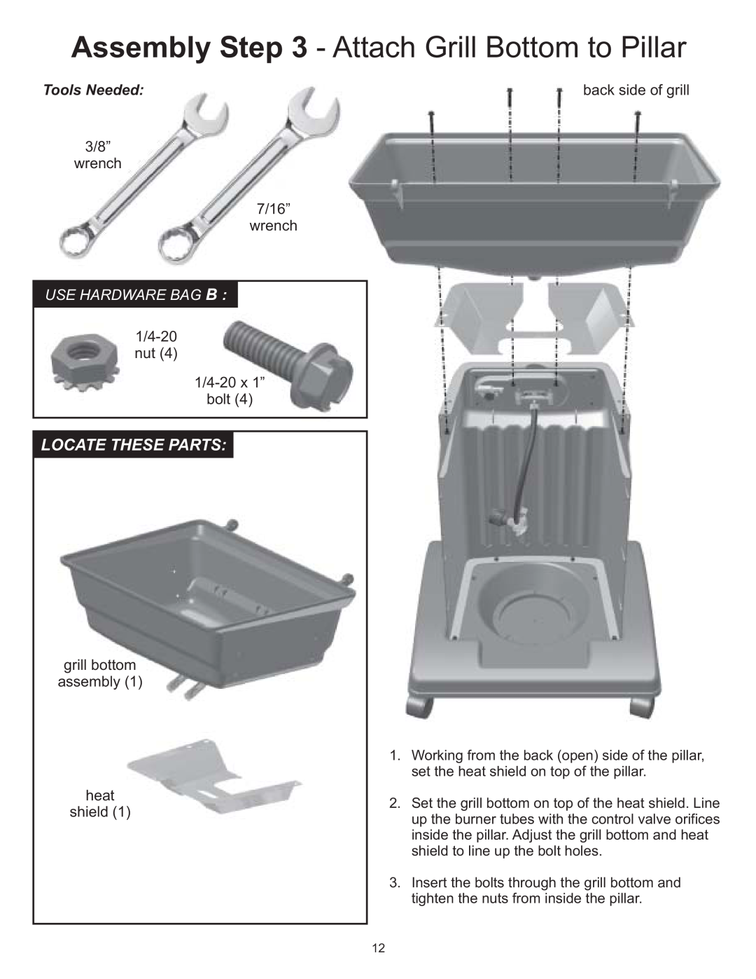 Vermont Casting VC0680P, VC0680N owner manual Assembly - Attach Grill Bottom to Pillar, Locate These Parts, Tools Needed 