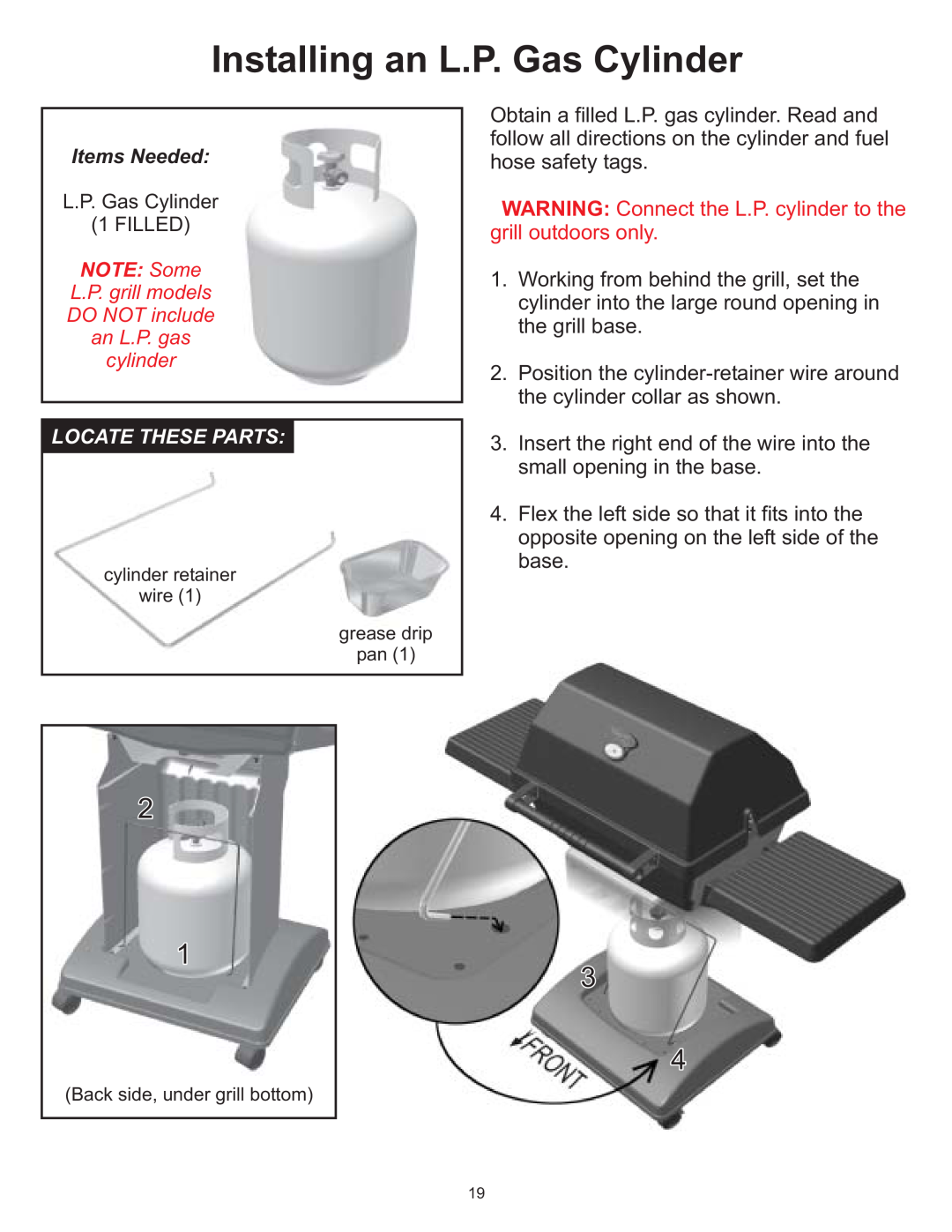 Vermont Casting VC0620P, VC0680P, VC0680N owner manual Installing an L.P. Gas Cylinder, NOTE Some 