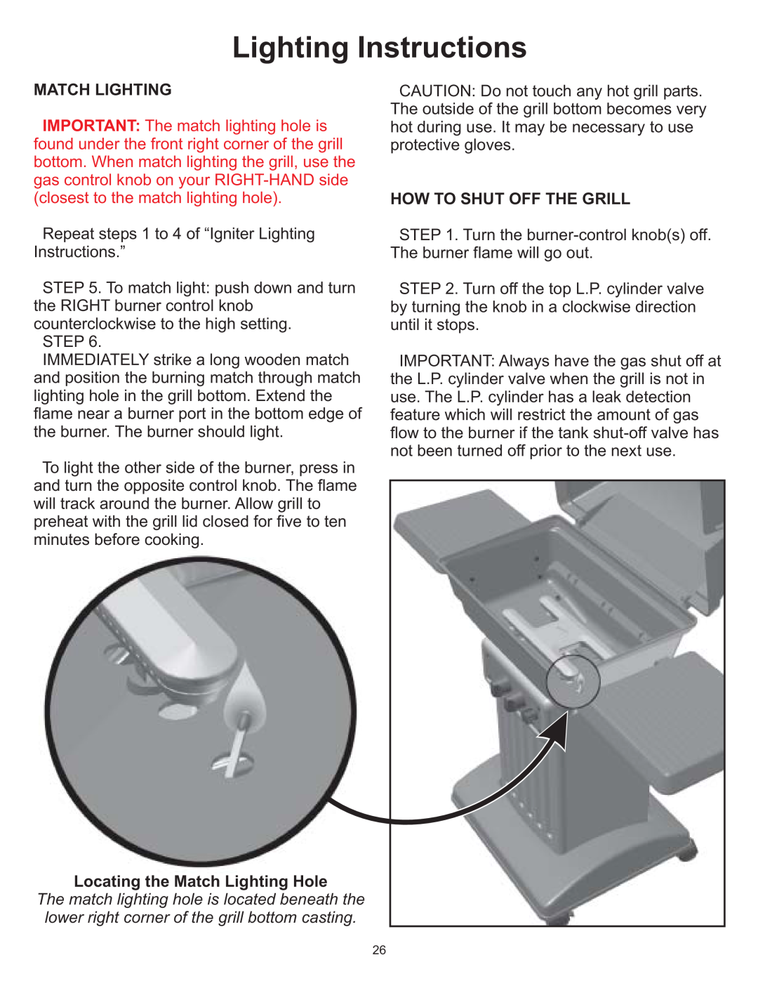 Vermont Casting VC0680P, VC0680N owner manual Lighting Instructions, Match Lighting, How To Shut Off The Grill 