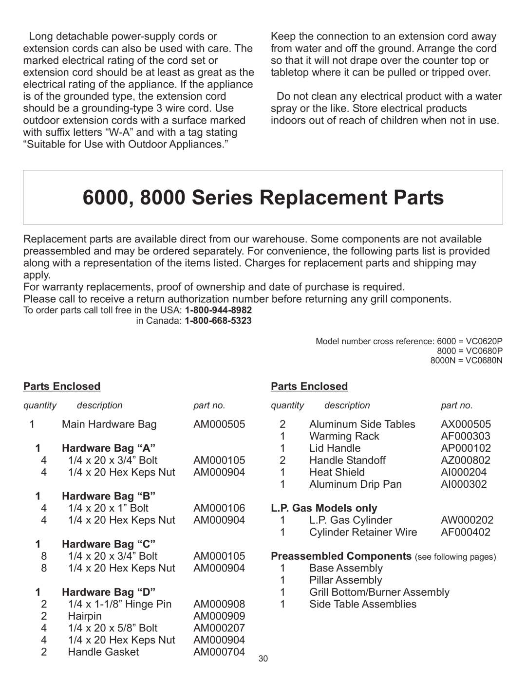 Vermont Casting VC0680P, VC0680N 6000, 8000 Series Replacement Parts, Parts Enclosed, Hardware Bag “A”, 1Hardware Bag “B” 