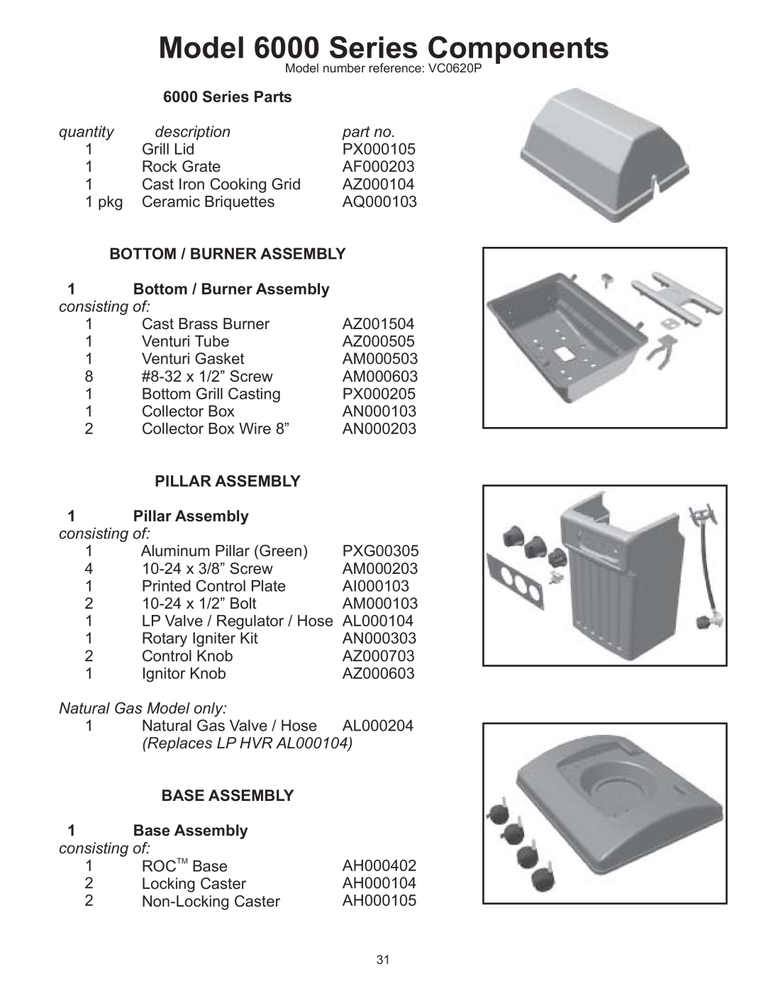 Vermont Casting VC0620P, VC0680P, VC0680N owner manual Model 6000 Series Components, Series Parts, Bottom / Burner Assembly 