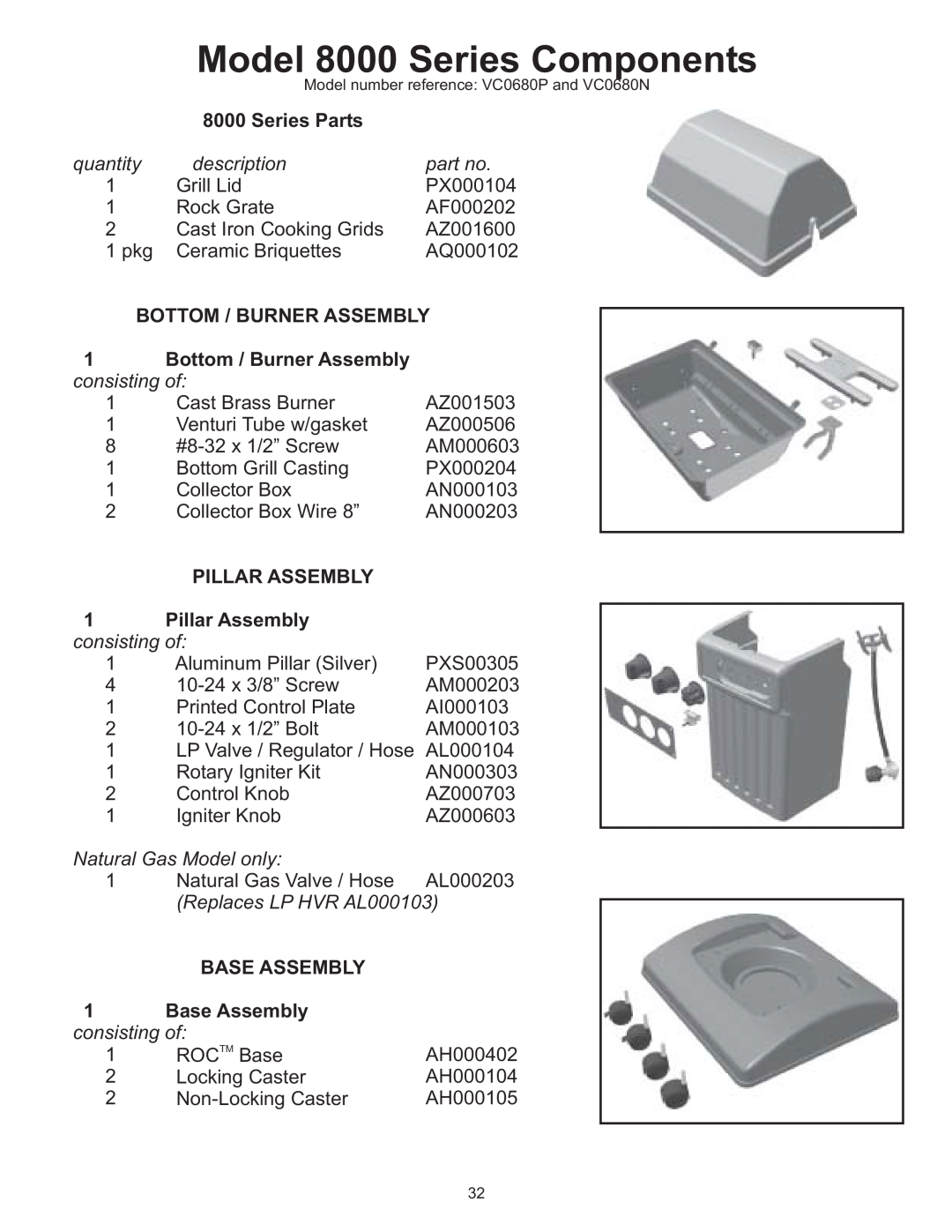 Vermont Casting VC0680P, VC0680N owner manual Model 8000 Series Components, Series Parts, Bottom / Burner Assembly 