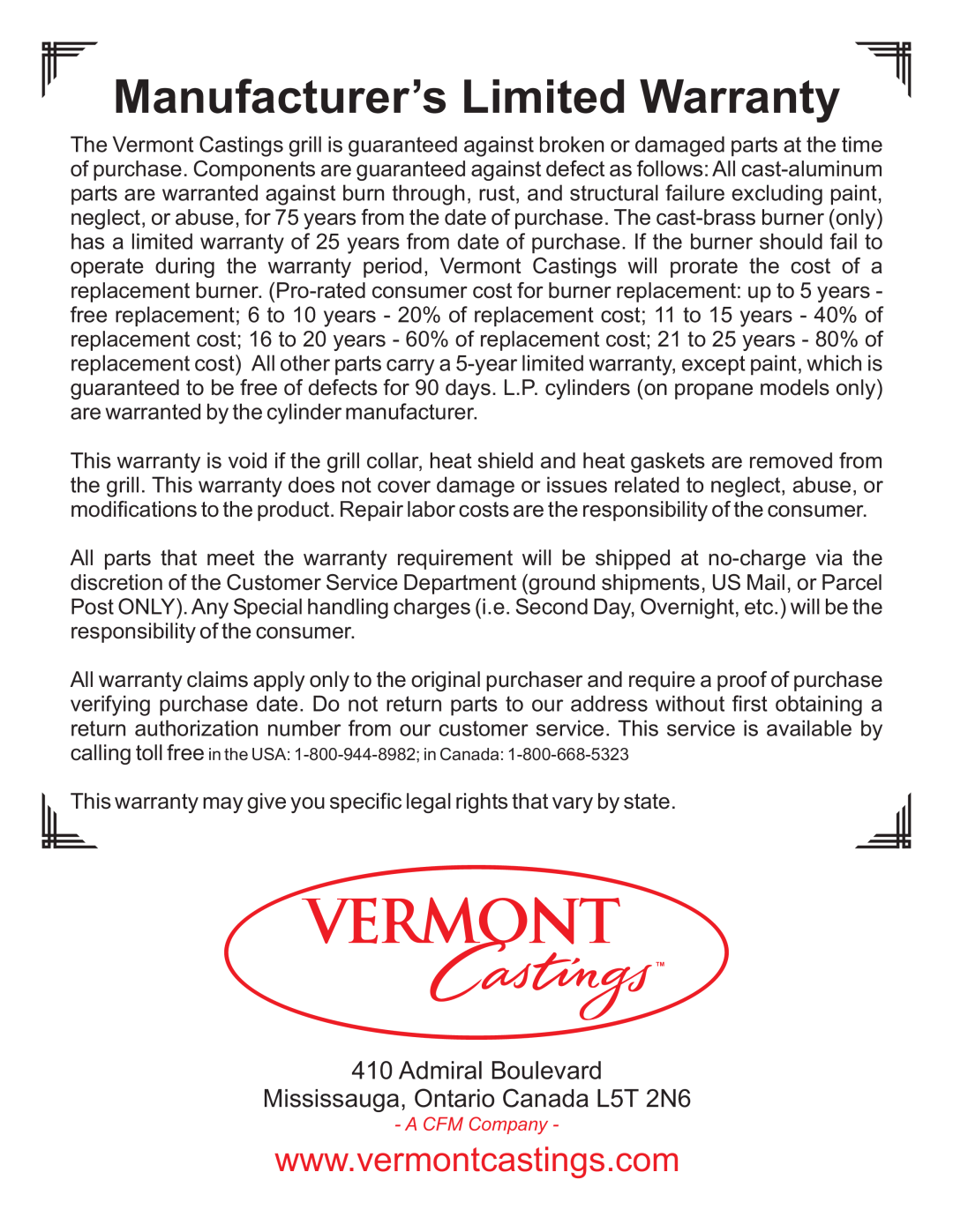 Vermont Casting VC0620P, VC0680P, VC0680N owner manual Manufacturer’s Limited Warranty, Admiral Boulevard 