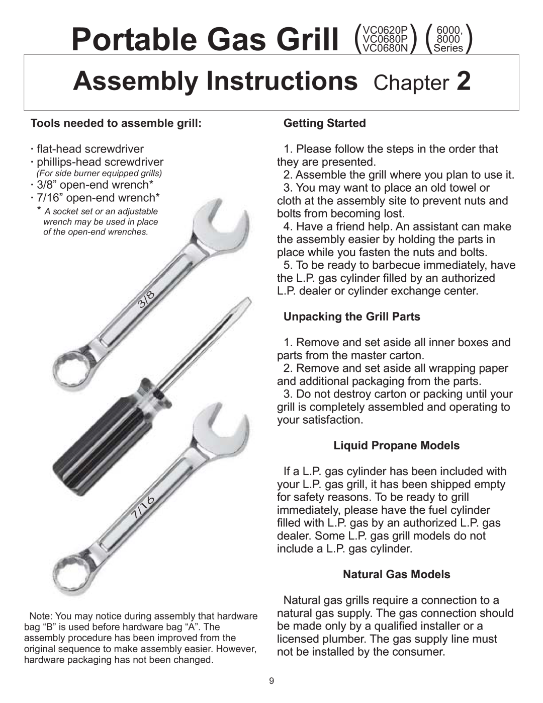 Vermont Casting VC0620P, VC0680P, VC0680N Assembly Instructions Chapter, Portable Gas Grill VC0680P, Getting Started 