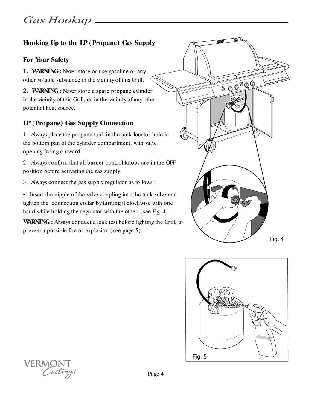 Vermont Casting VC100 user manual Gas Hookup, Hooking Up to the LP Propane Gas Supply For Your Safety 