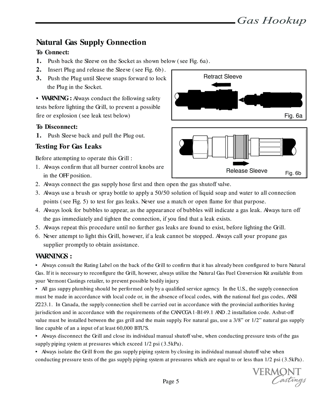 Vermont Casting VC100 user manual Natural Gas Supply Connection, Testing For Gas Leaks, To Connect, To Disconnect 