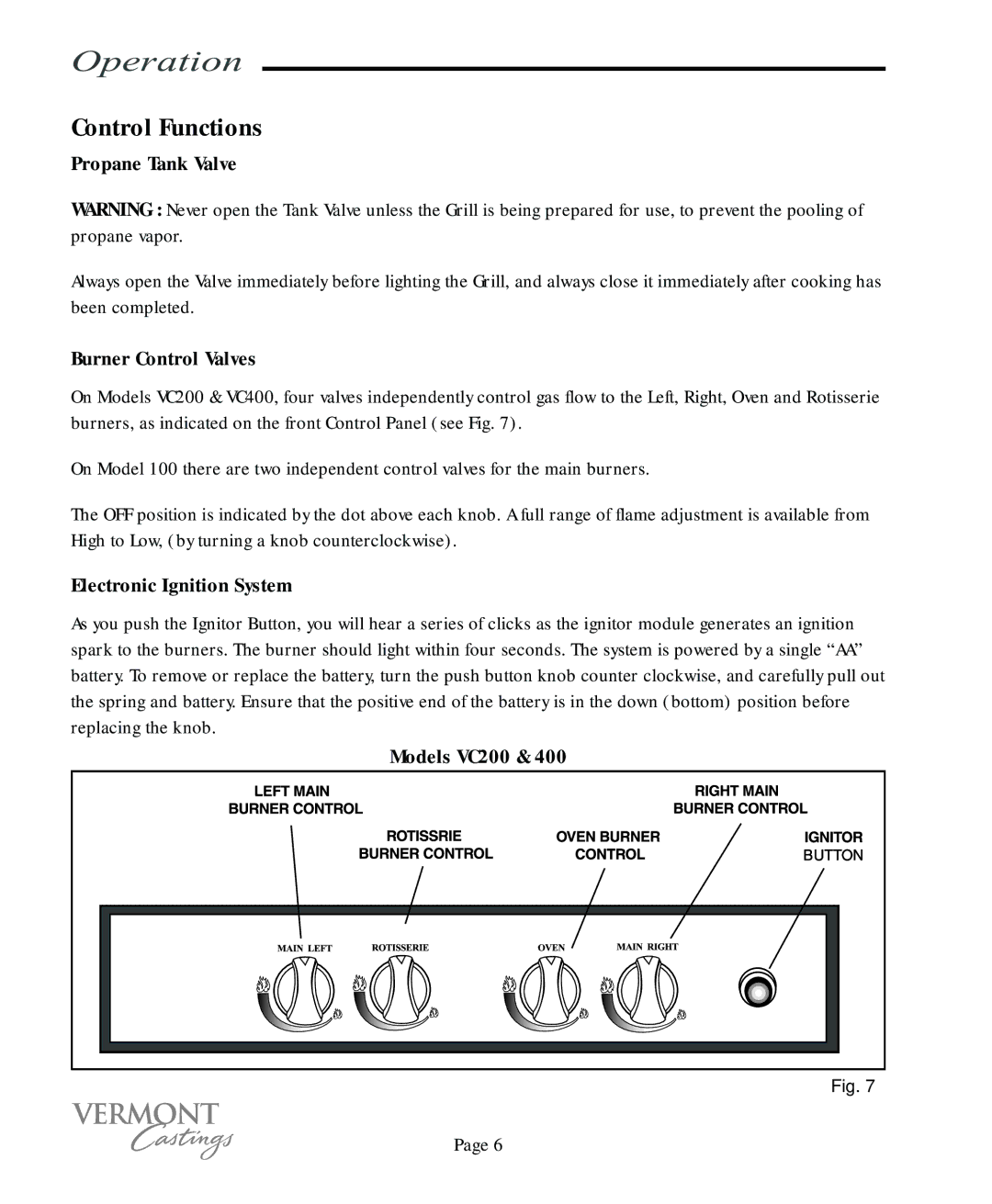 Vermont Casting VC100 user manual Operation, Control Functions 