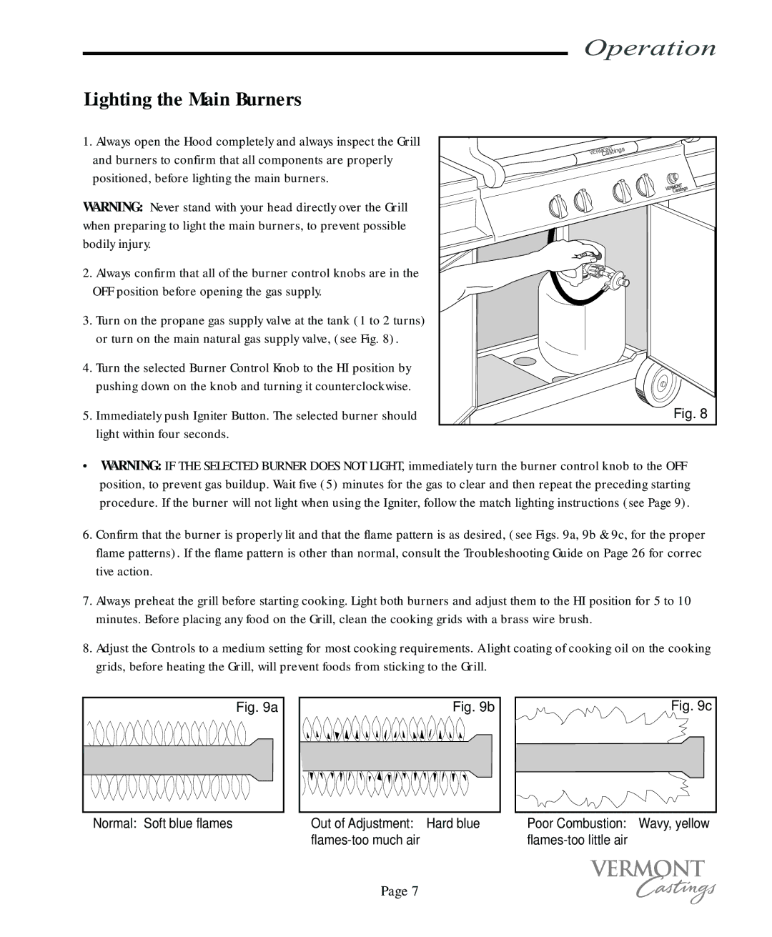 Vermont Casting VC100 user manual Operation, Lighting the Main Burners 