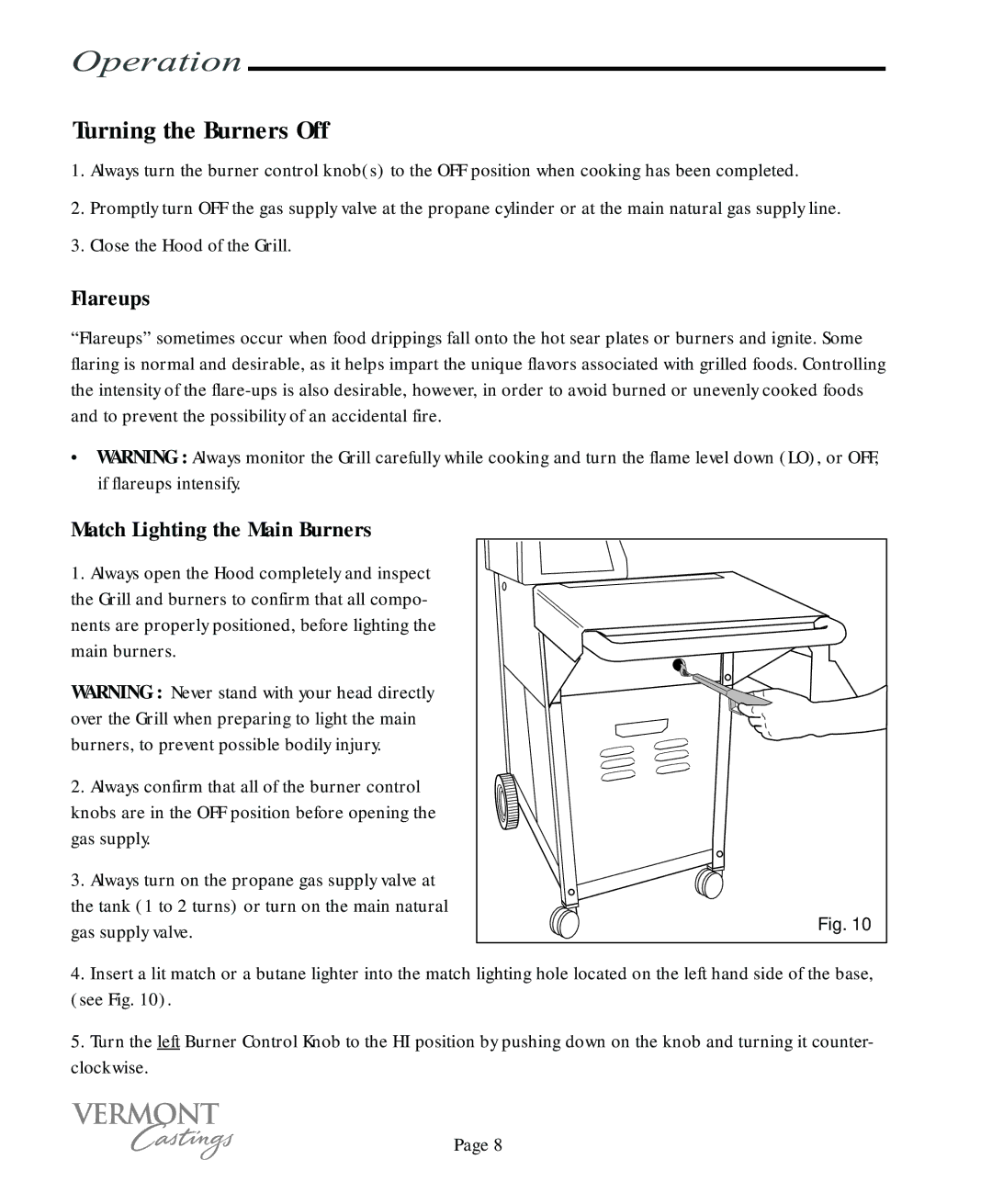 Vermont Casting VC100 user manual Turning the Burners Off, Flareups, Match Lighting the Main Burners 