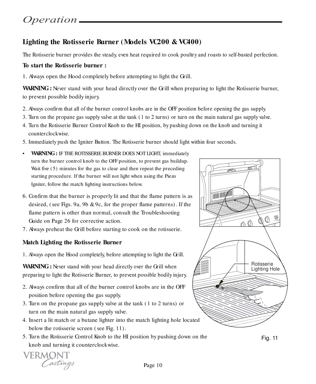 Vermont Casting VC100 user manual Lighting the Rotisserie Burner Models VC200 & VC400, To start the Rotisserie burner 