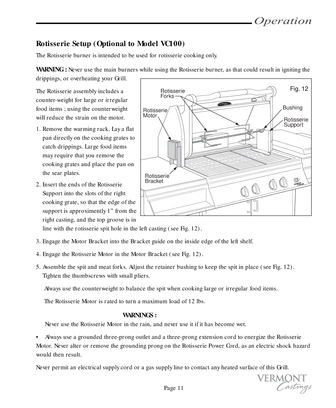 Vermont Casting user manual Rotisserie Setup Optional to Model VC100 