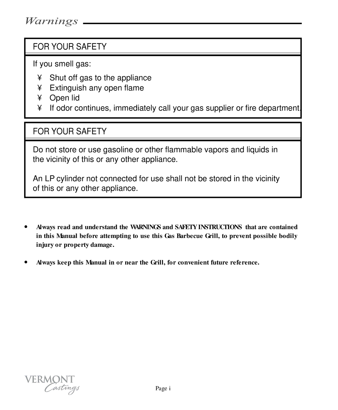 Vermont Casting VC100 user manual For Your Safety 