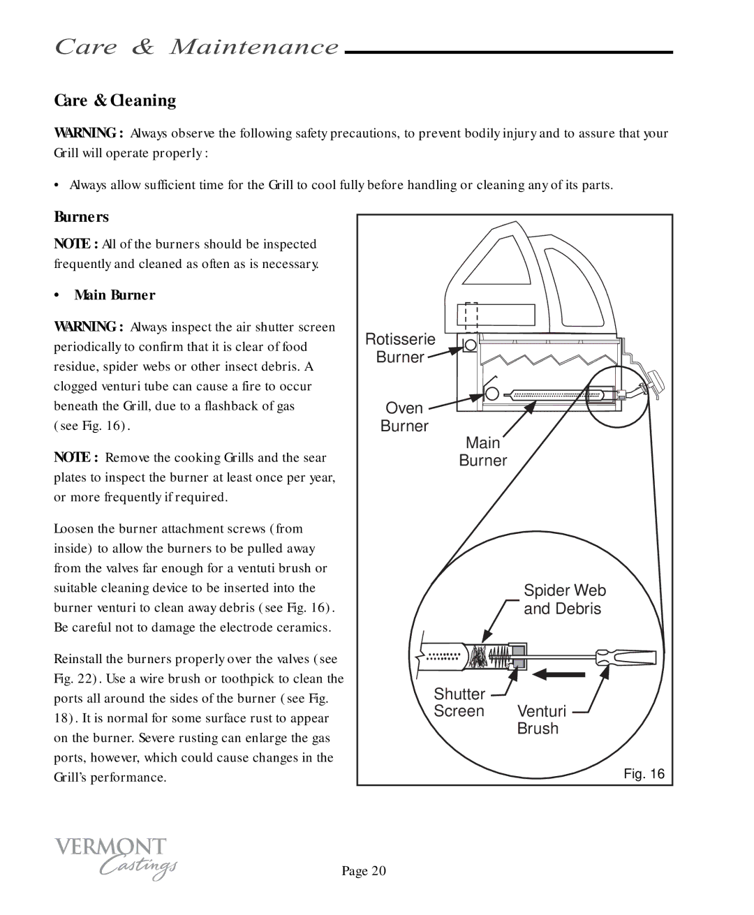 Vermont Casting VC100 user manual Care & Maintenance, Care & Cleaning, Burners, Main Burner, See Fig 