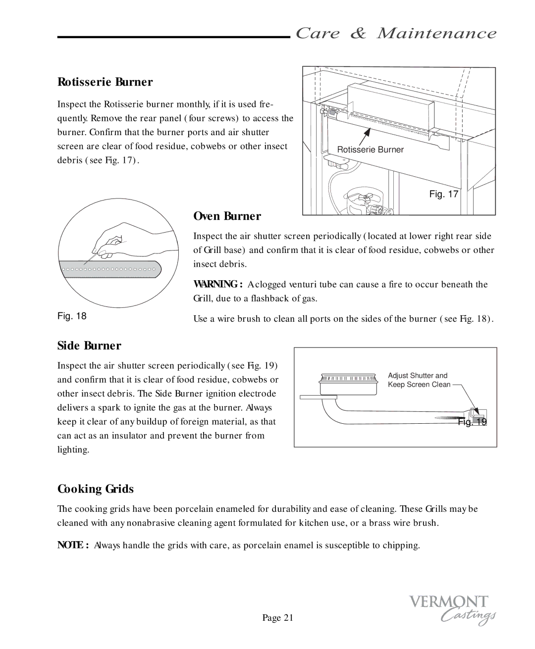 Vermont Casting VC100 user manual Rotisserie Burner, Oven Burner, Side Burner, Cooking Grids 