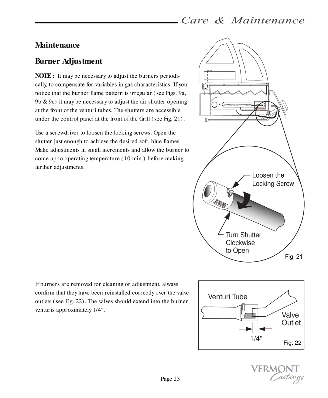 Vermont Casting VC100 user manual Maintenance Burner Adjustment 