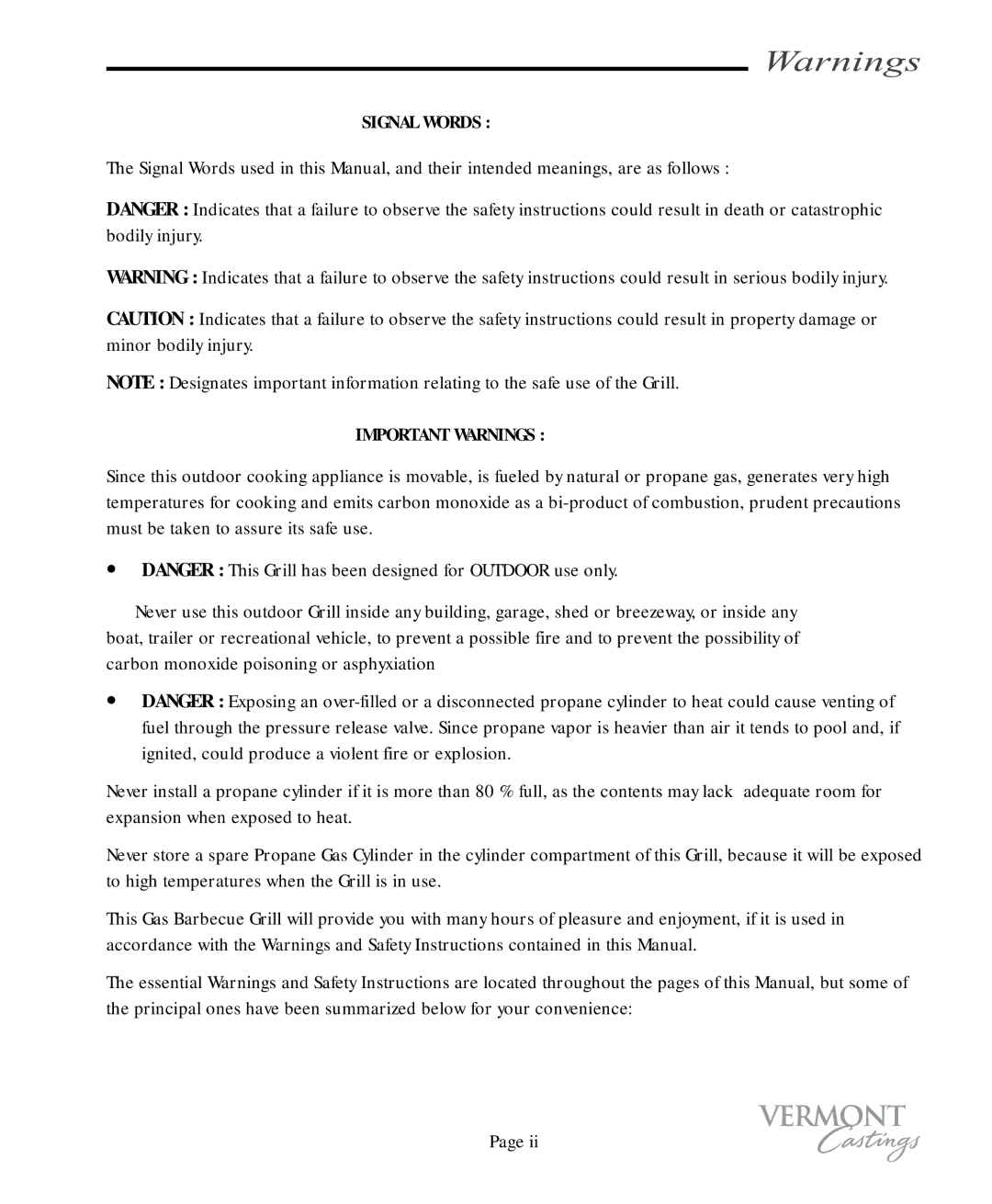 Vermont Casting VC100 user manual Signal Words 