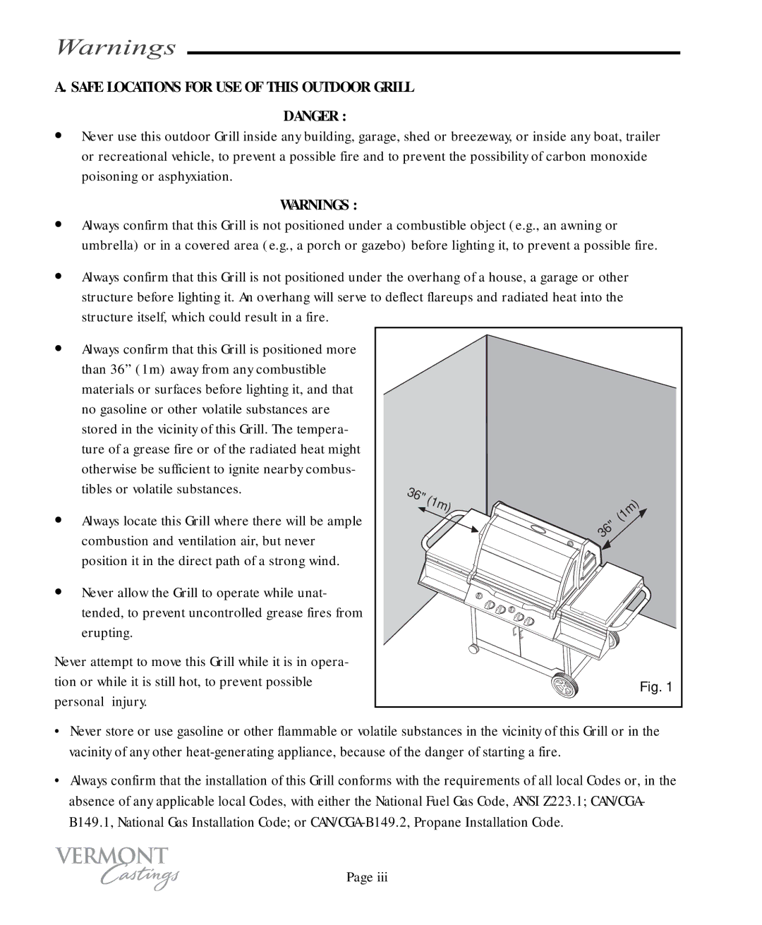 Vermont Casting VC100 user manual Safe Locations for USE of this Outdoor Grill 