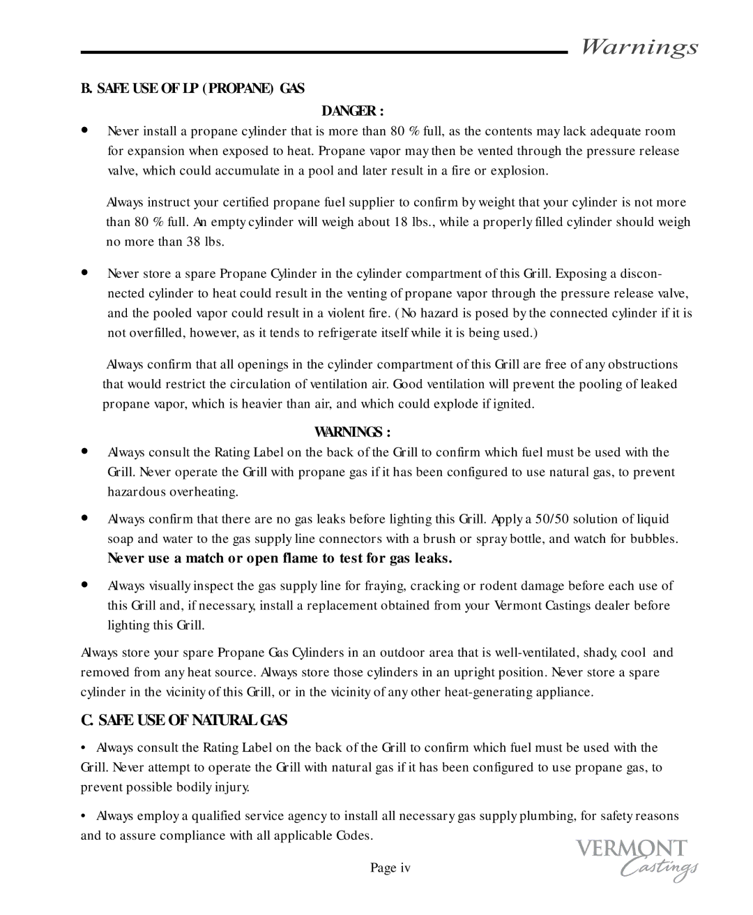 Vermont Casting VC100 user manual Safe USE of LP Propane GAS, Never use a match or open flame to test for gas leaks 