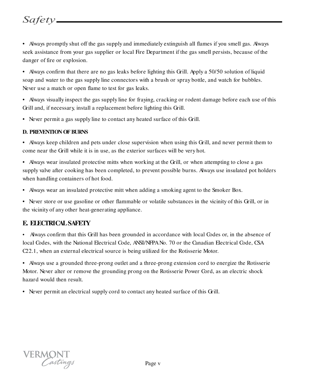 Vermont Casting VC100 user manual Electrical Safety 