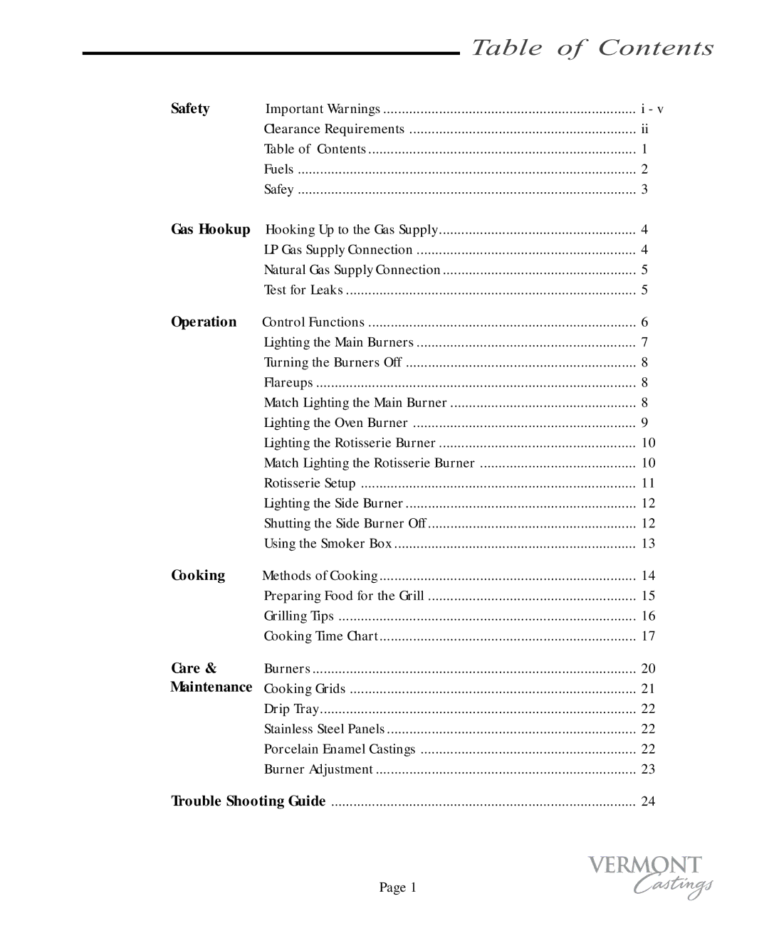 Vermont Casting VC100 user manual Table of Contents 