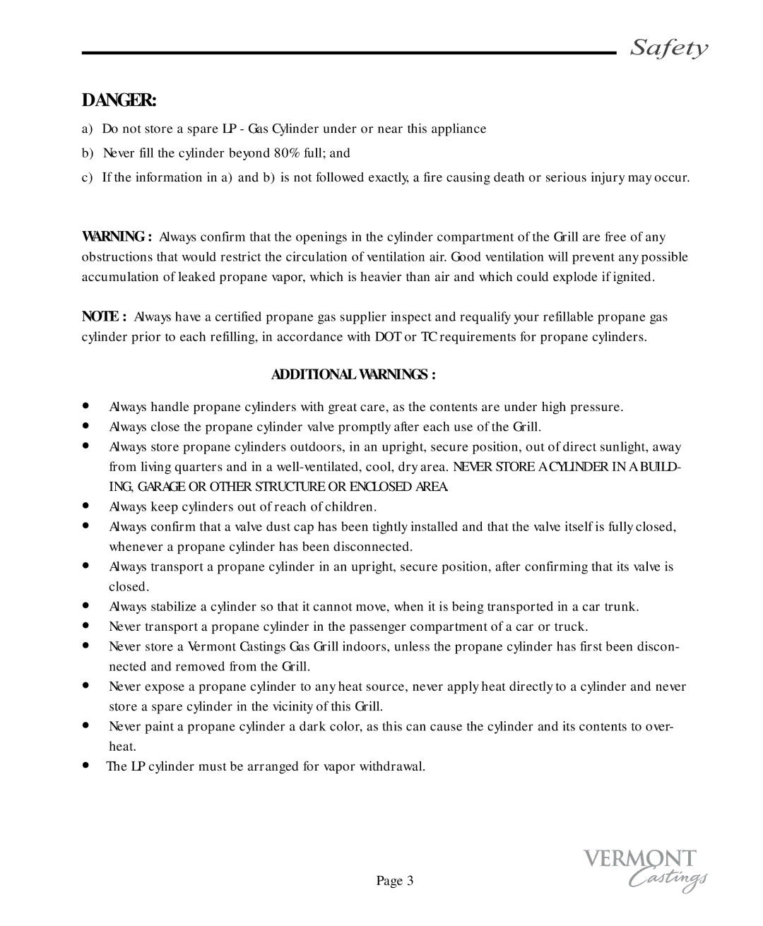 Vermont Casting VC100 user manual Additional Warnings 