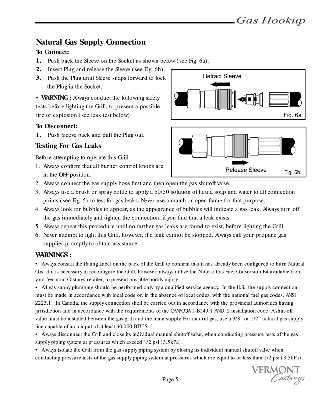 Vermont Casting VC400, VC200 user manual Natural Gas Supply Connection, Testing For Gas Leaks, To Connect, To Disconnect 