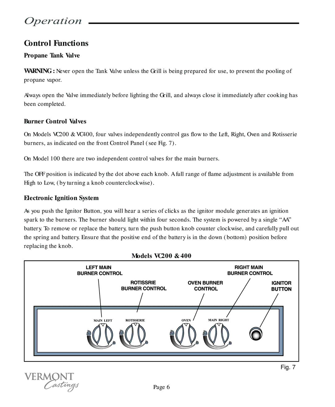 Vermont Casting VC200, VC400 user manual Operation, Control Functions 