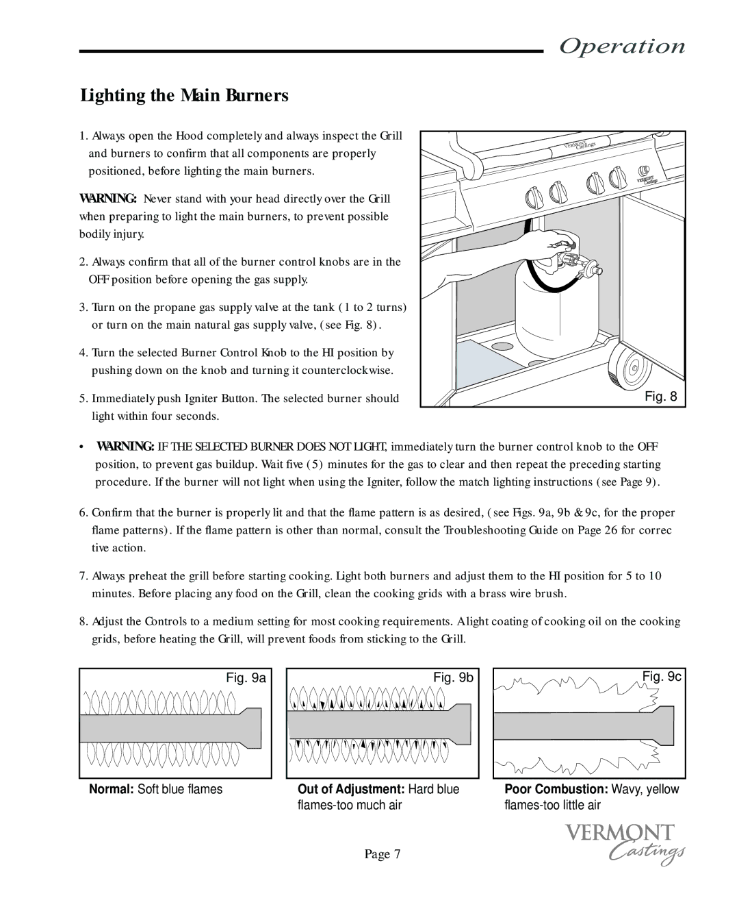 Vermont Casting VC400, VC200 user manual Operation, Lighting the Main Burners 