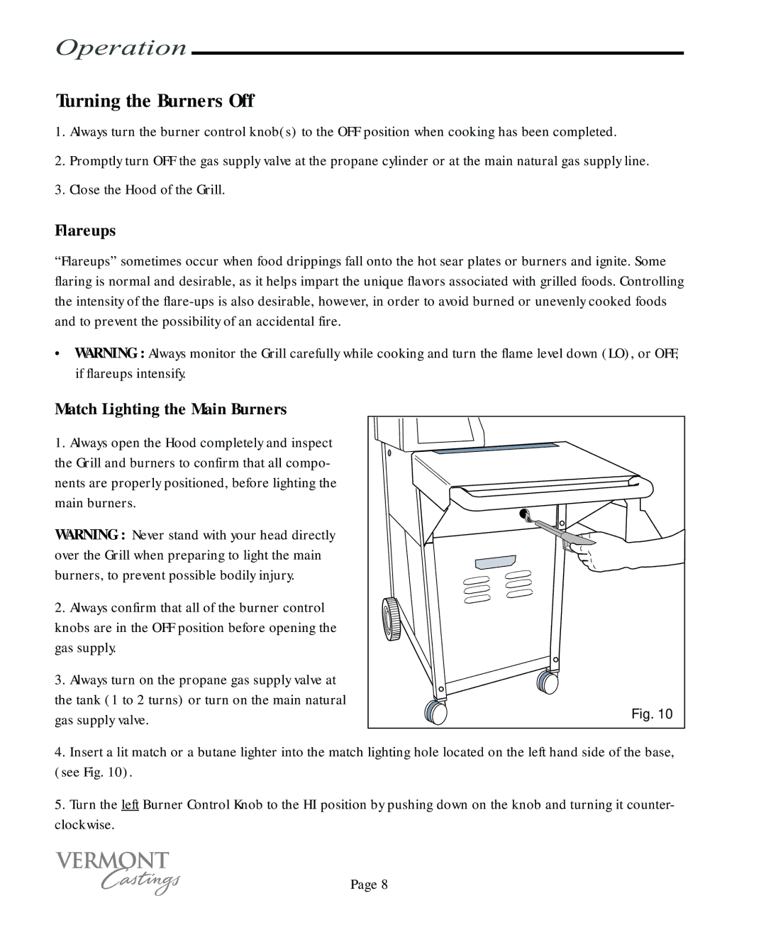 Vermont Casting VC200, VC400 user manual Turning the Burners Off, Flareups, Match Lighting the Main Burners 