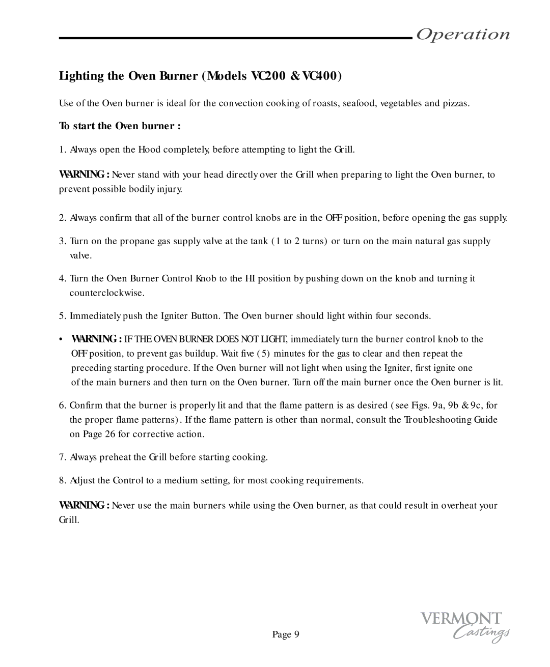 Vermont Casting user manual Lighting the Oven Burner Models VC200 & VC400, To start the Oven burner 