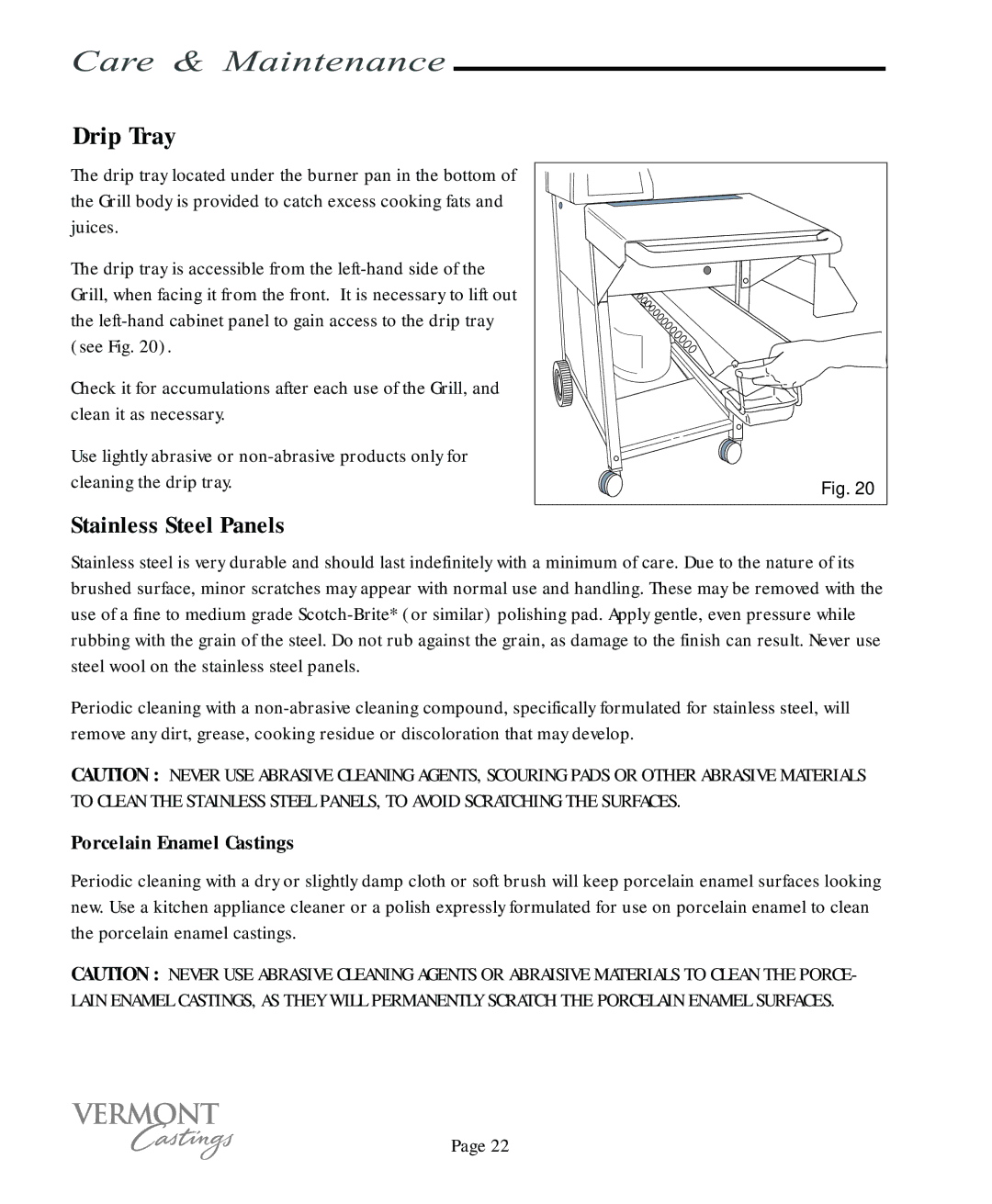 Vermont Casting VC200, VC400 user manual Drip Tray, Stainless Steel Panels, Porcelain Enamel Castings 