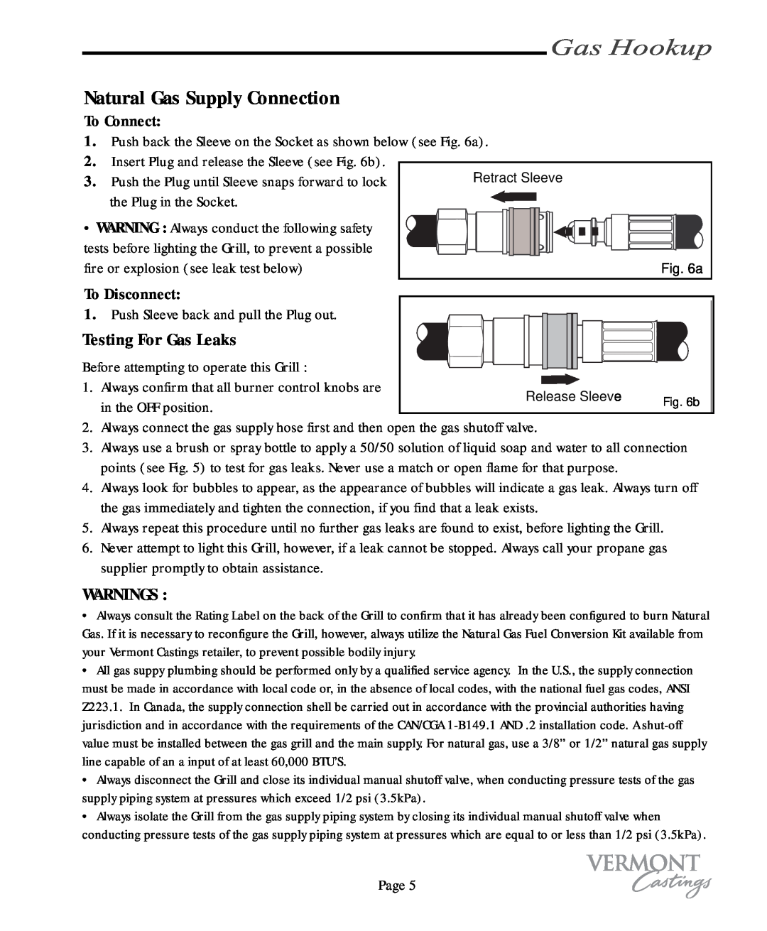 Vermont Casting VC400, VC200 user manual Natural Gas Supply Connection, Gas Hookup, Testing For Gas Leaks, Warnings 