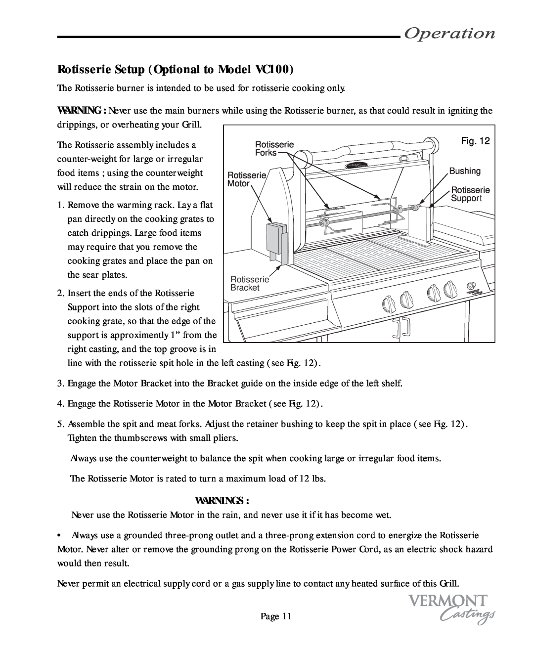 Vermont Casting VC400, VC200 user manual Rotisserie Setup Optional to Model VC100, Operation 