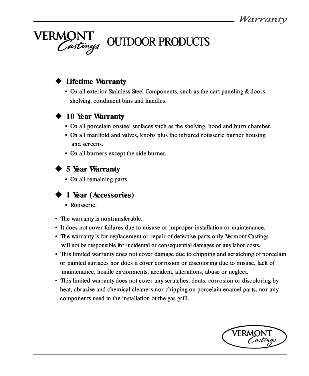 Vermont Casting VC400, VC200 user manual Lifetime Warranty, Year Warranty, Year Accessories, Outdoor Products 