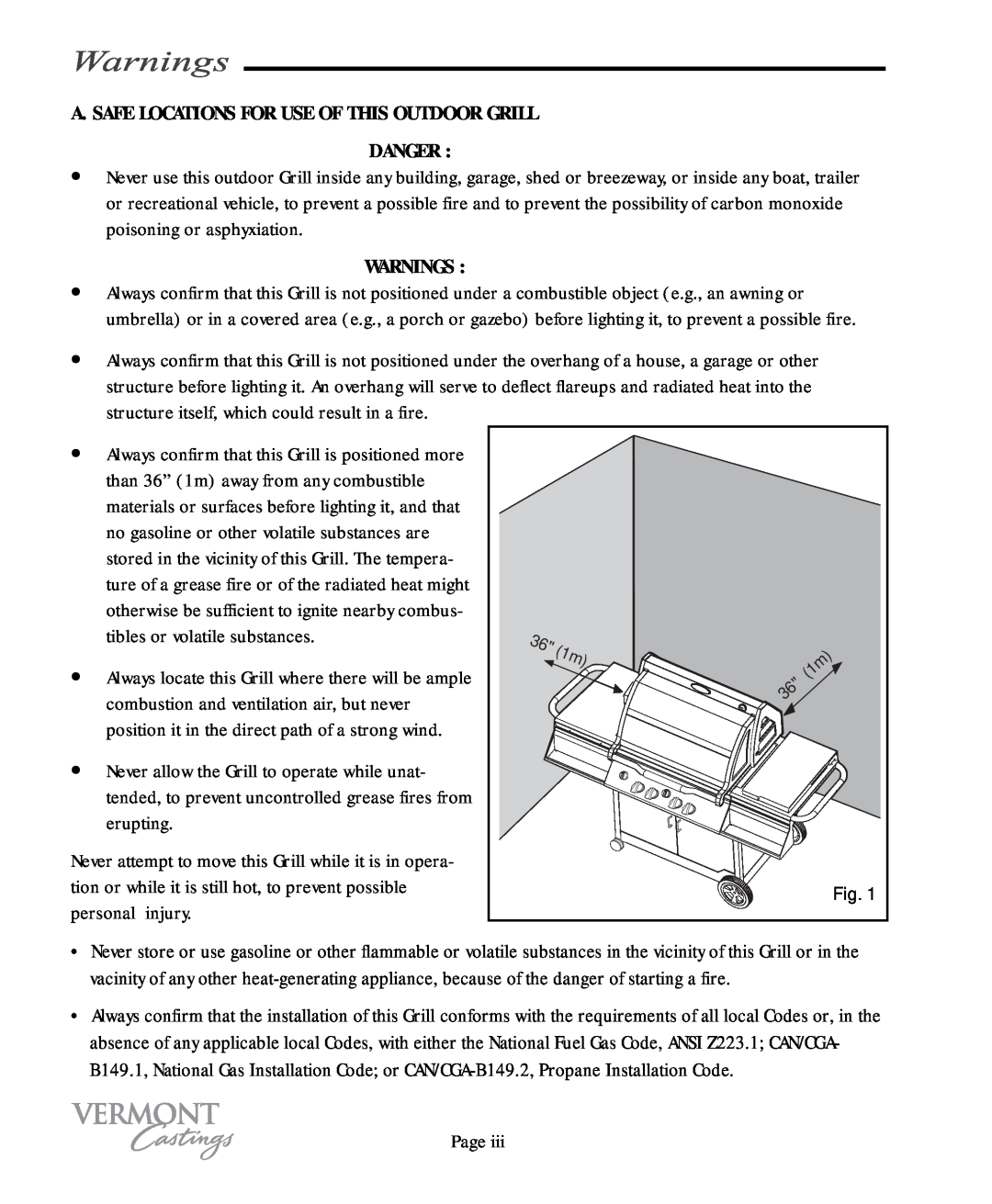 Vermont Casting VC200, VC400 user manual Warnings, A. Safe Locations For Use Of This Outdoor Grill Danger 