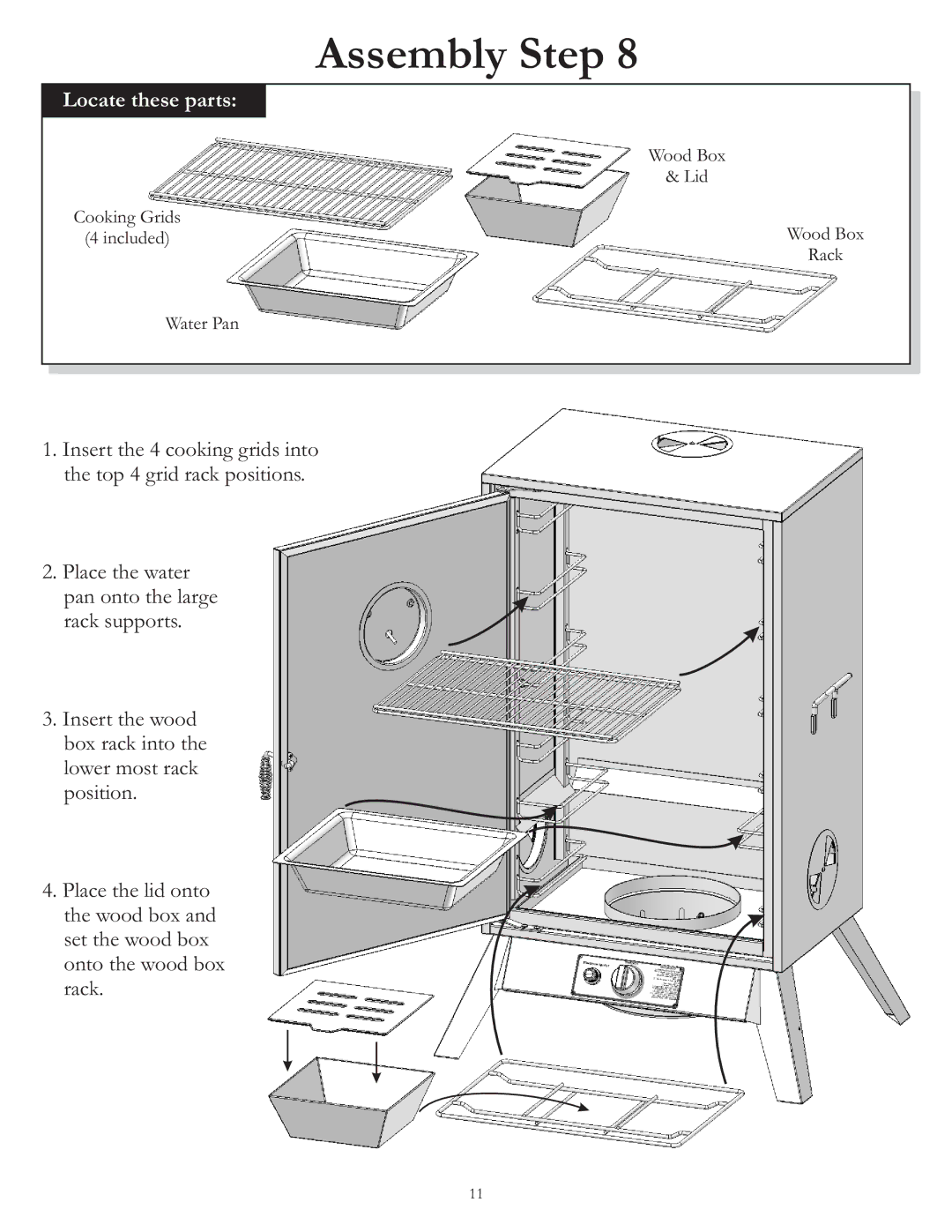 Vermont Casting VC3624GS owner manual Wood Box Lid Cooking Grids IncludedWood Box Rack Water Pan 