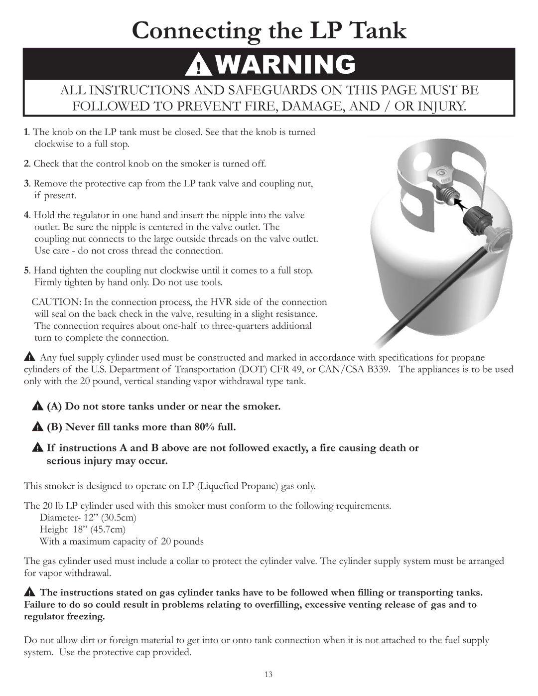 Vermont Casting VC3624GS owner manual Connecting the LP Tank 