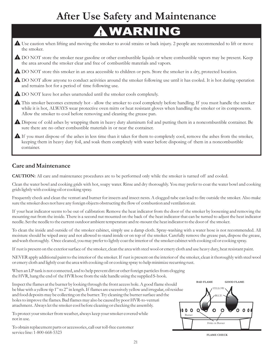 Vermont Casting VC3624GS owner manual After Use Safety and Maintenance, Care and Maintenance 