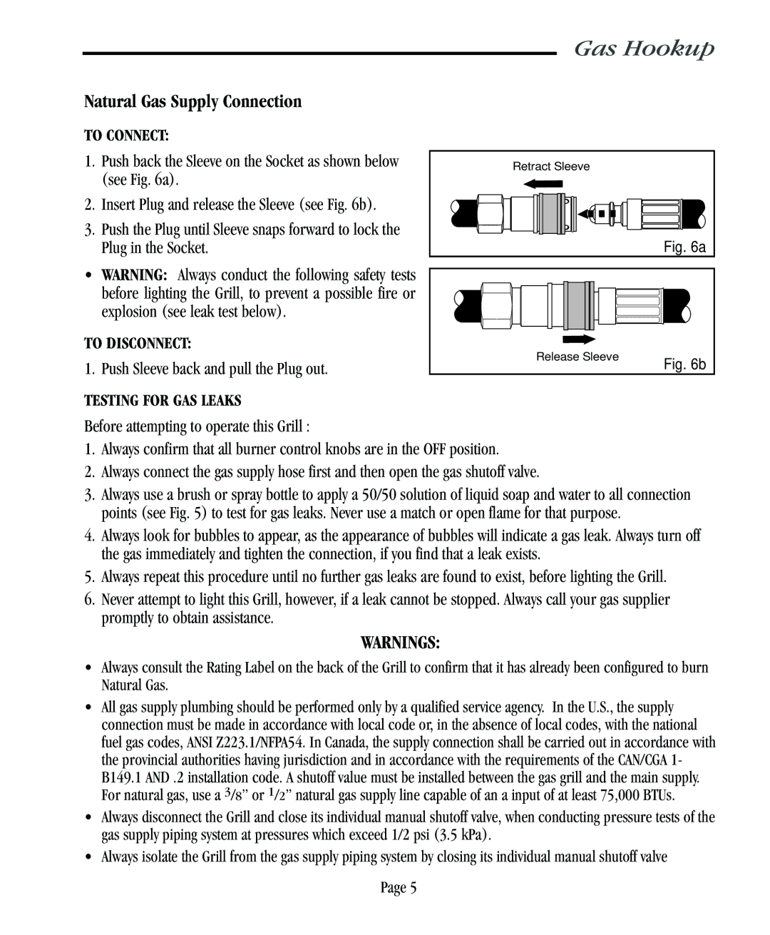 Vermont Casting VC500 user manual Natural Gas Supply Connection, To Connect, To Disconnect, Testing for GAS Leaks 