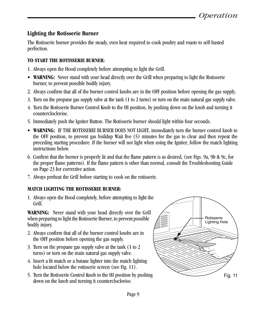 Vermont Casting VC500 user manual To Start the Rotisserie Burner, Match Lighting the Rotisserie Burner 