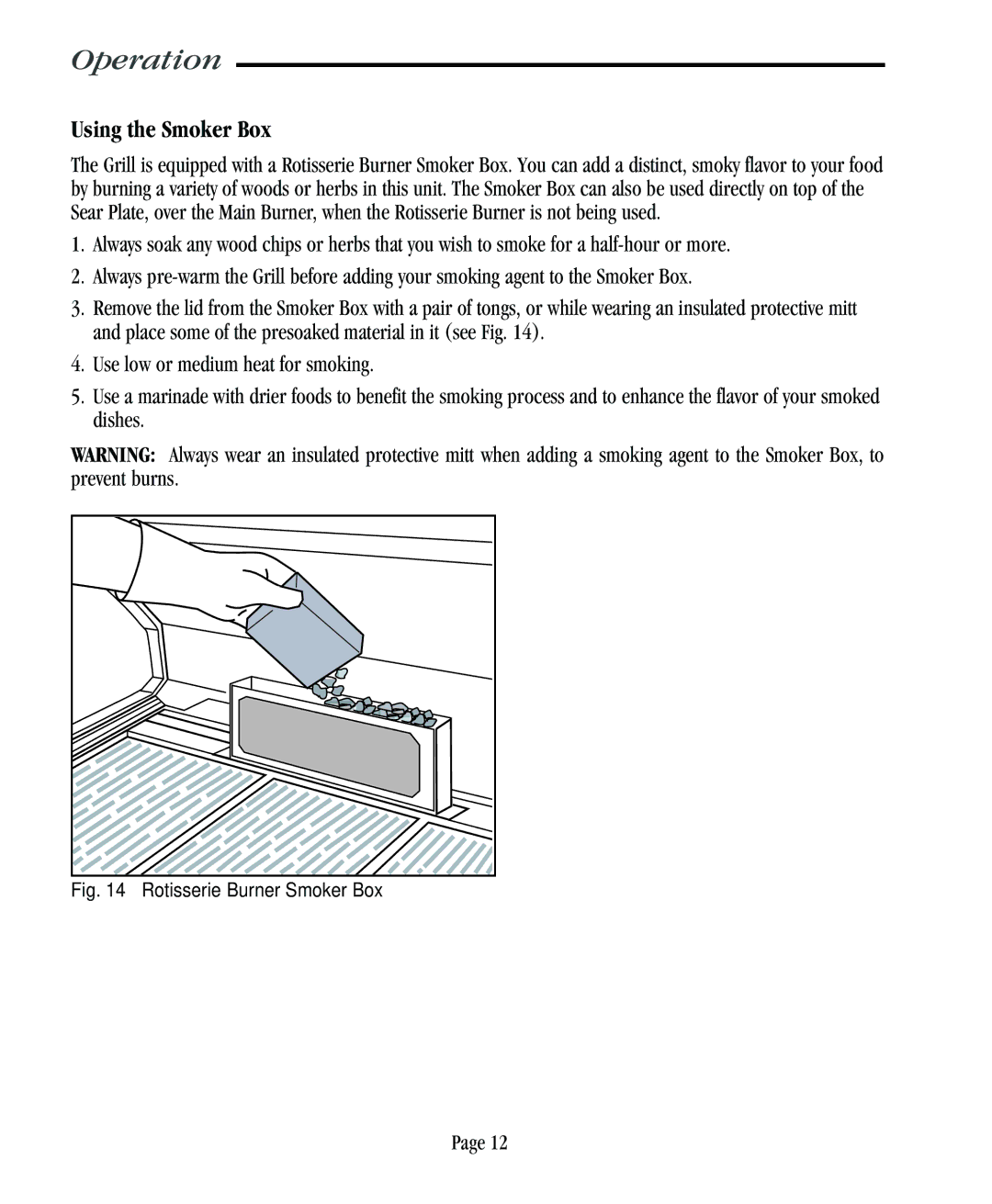 Vermont Casting VC500 user manual Using the Smoker Box, Rotisserie Burner Smoker Box 