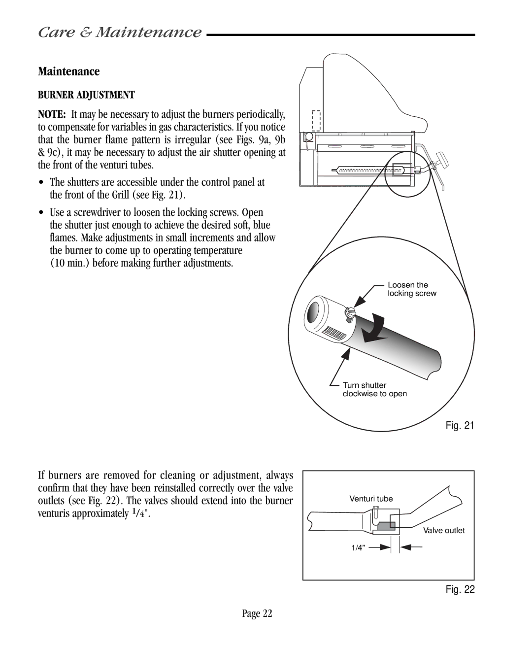 Vermont Casting VC500 user manual Maintenance, Burner Adjustment 