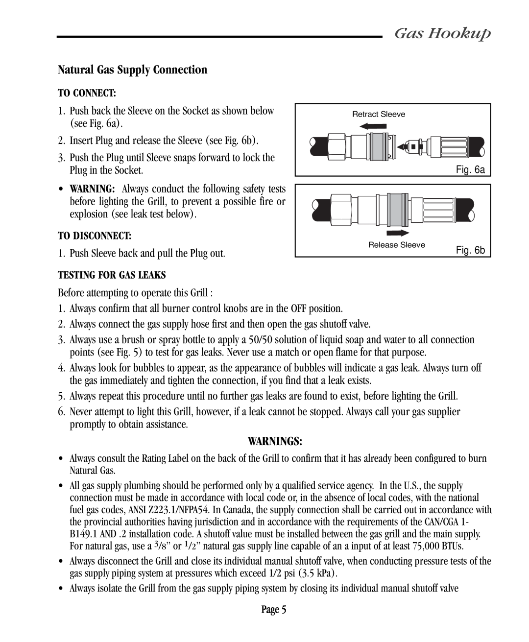 Vermont Casting VC500 user manual Natural Gas Supply Connection, Gas Hookup, Warnings, To Connect, To Disconnect, b 