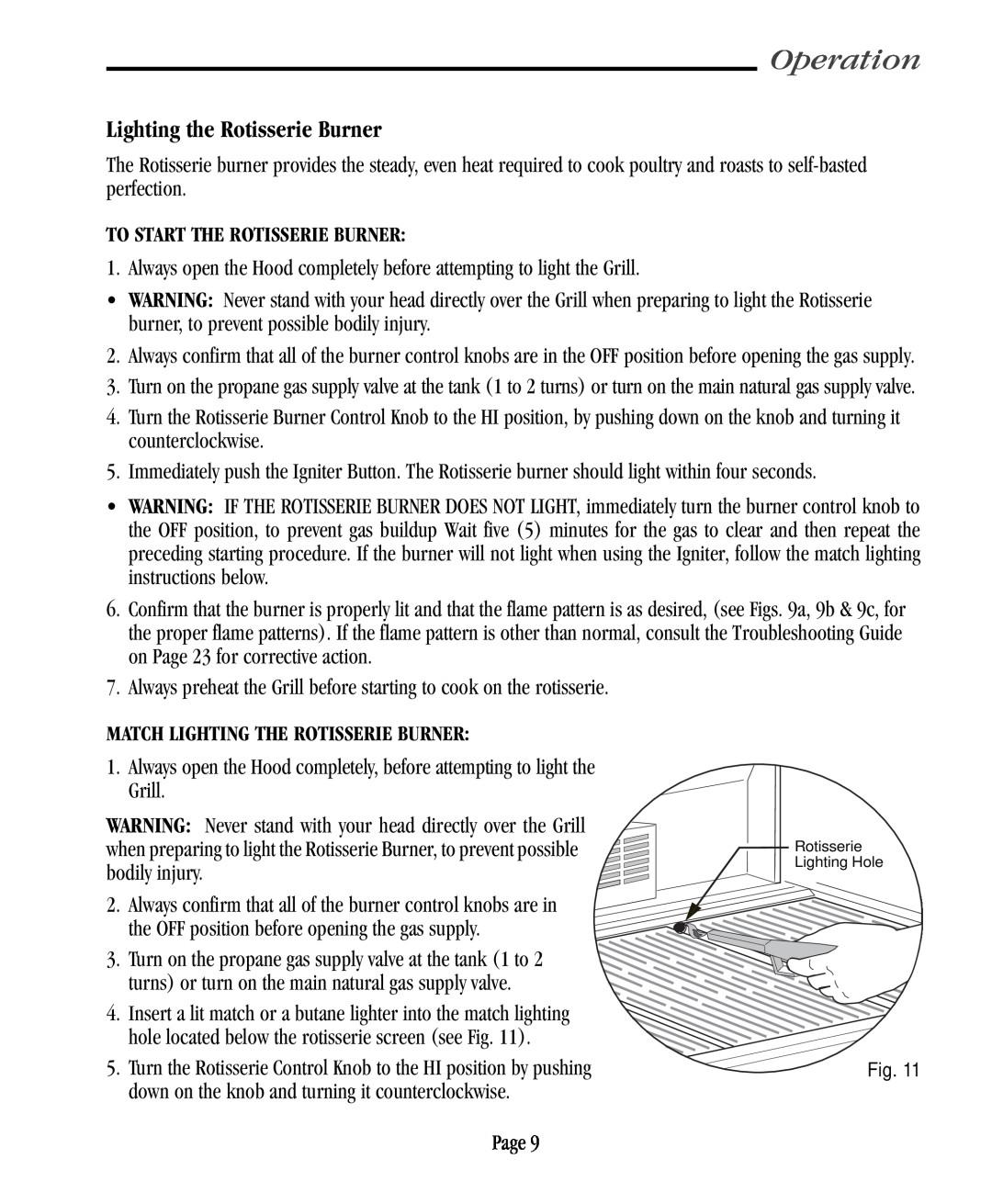 Vermont Casting VC500 user manual Lighting the Rotisserie Burner, Operation, To Start The Rotisserie Burner 