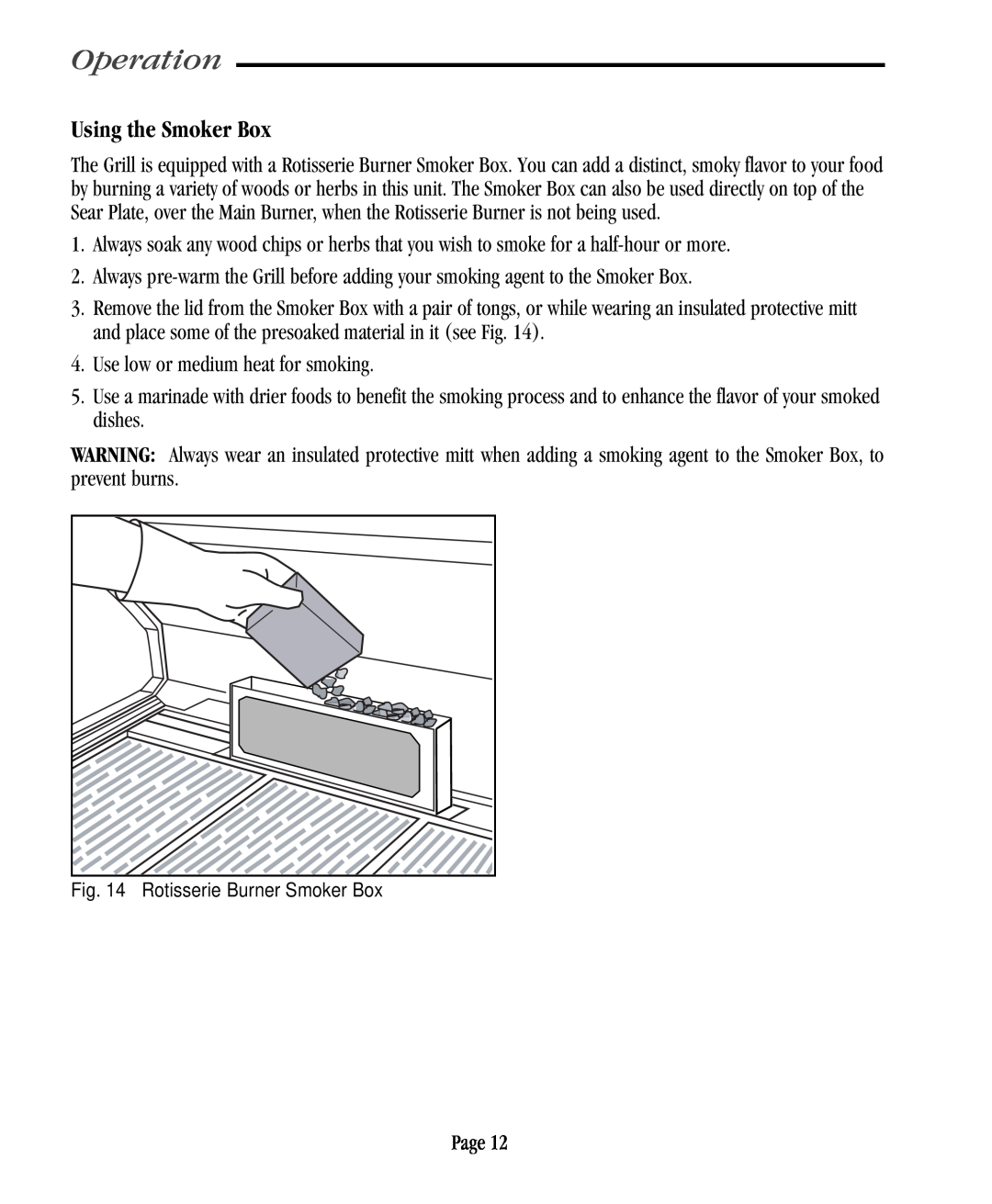 Vermont Casting VC500 user manual Using the Smoker Box, Operation, Rotisserie Burner Smoker Box 