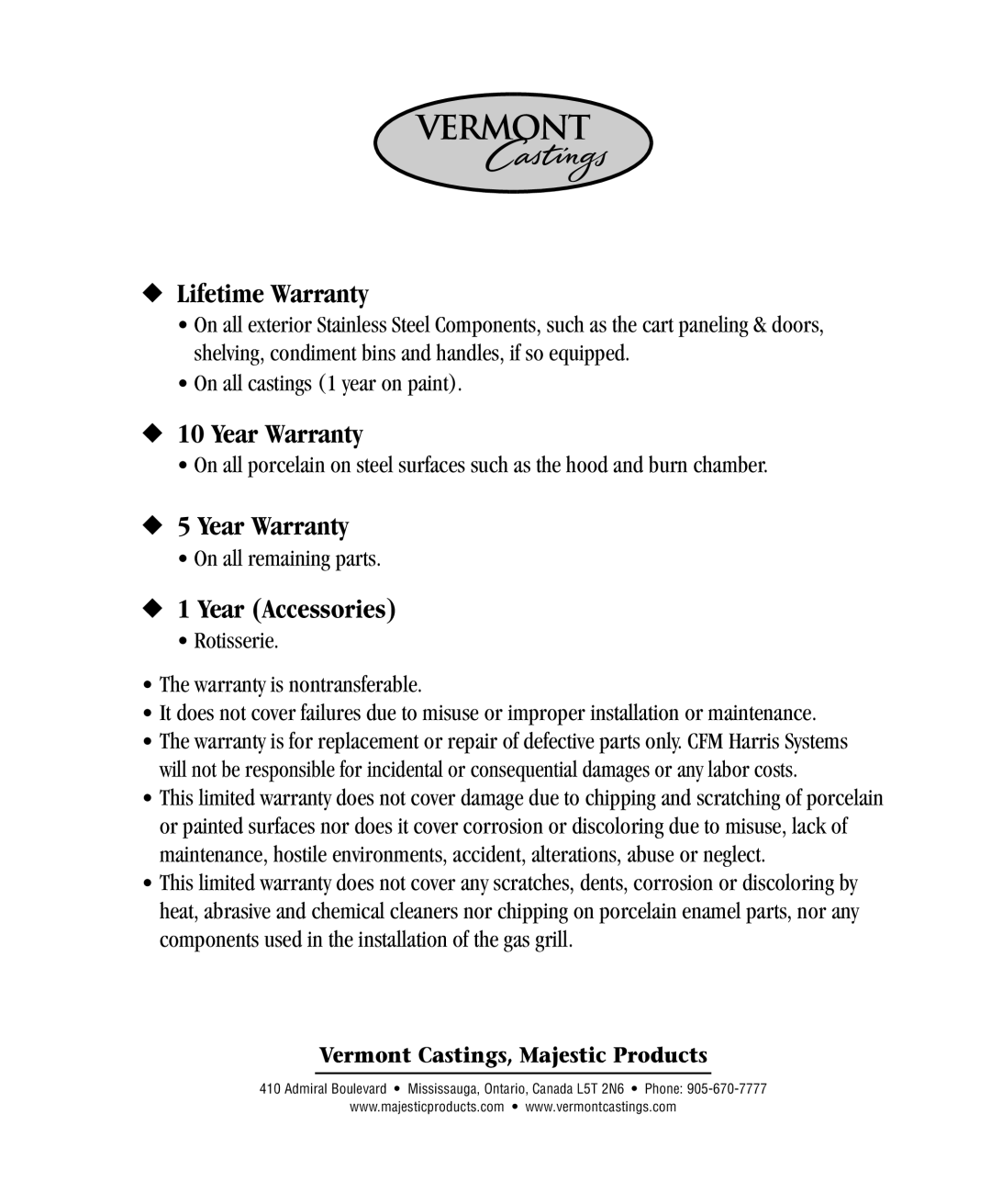 Vermont Casting VC500 user manual Lifetime Warranty, Year Warranty, Year Accessories 