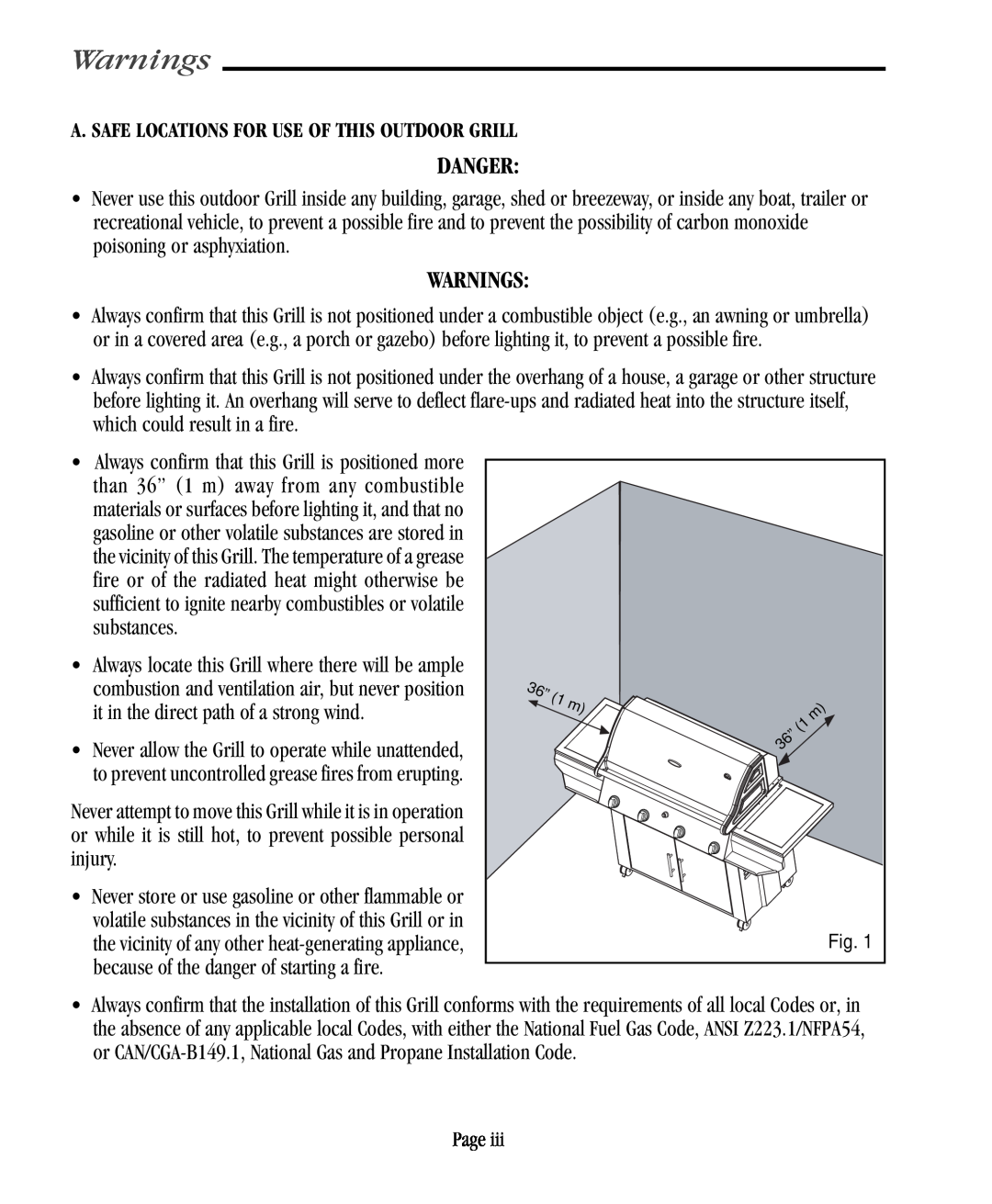 Vermont Casting VC500 user manual Danger, Warnings, A. Safe Locations For Use Of This Outdoor Grill 