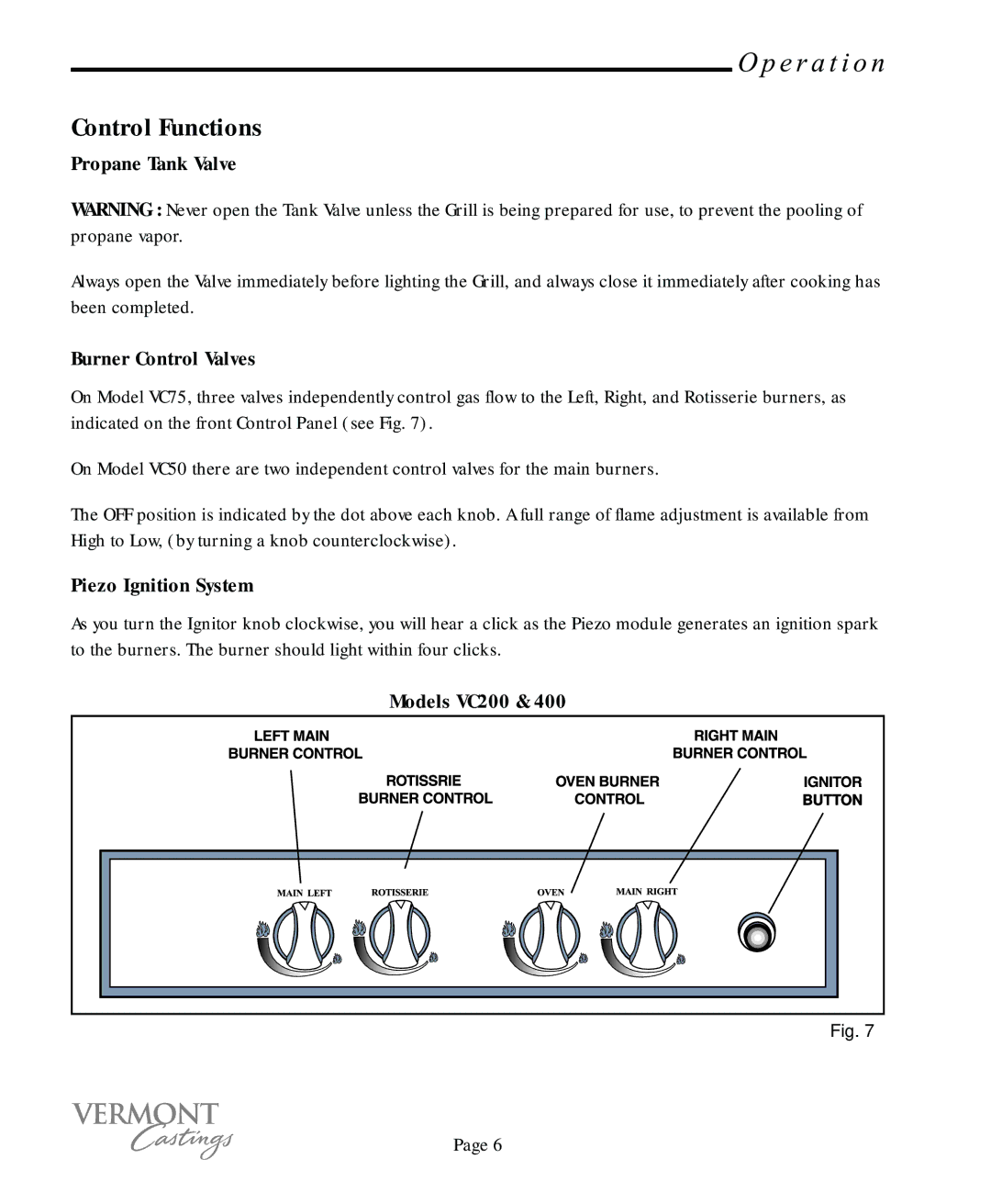 Vermont Casting VC75 Control Functions, Propane Tank Valve, Burner Control Valves, Piezo Ignition System, Models VC200 